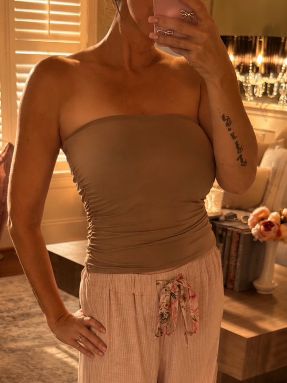 Strapless Ruched Tube Top in Taupe